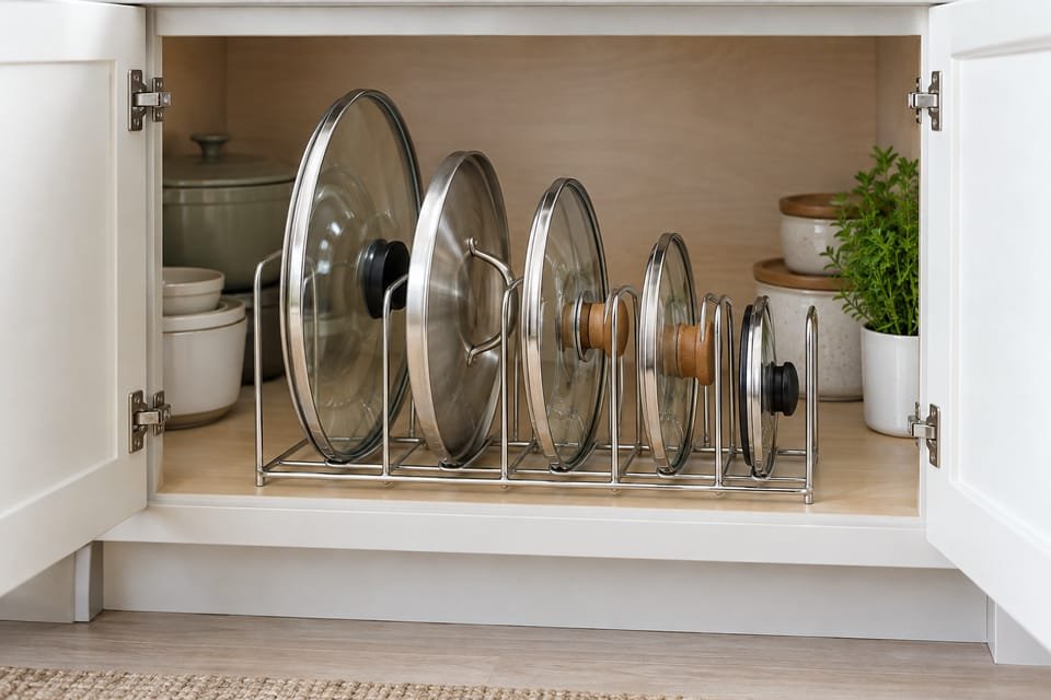 Como organizar as tampas de panela na cozinha
