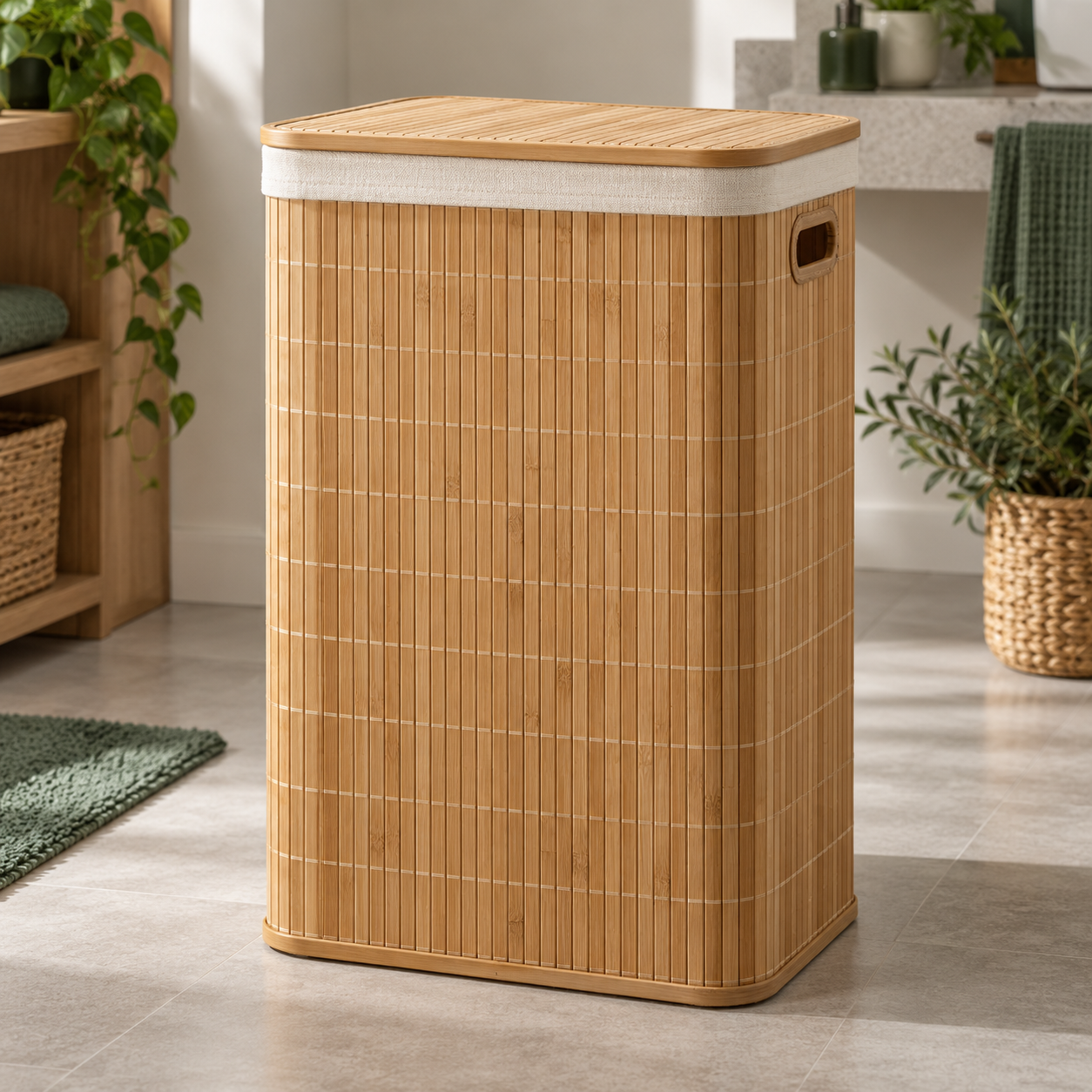 Cesto de Roupa Suja com Alças em Bambu, Com Tampa